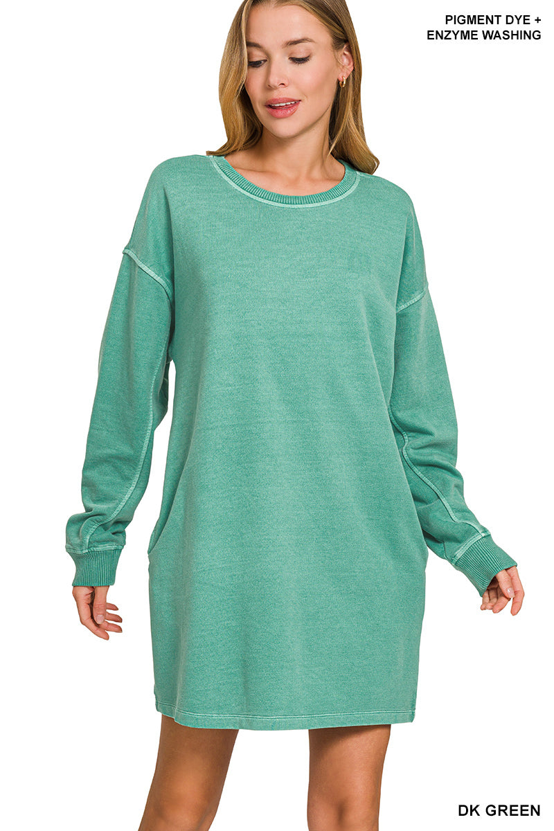 Green Oversized Pigment Dyed Long Sleeve Dress