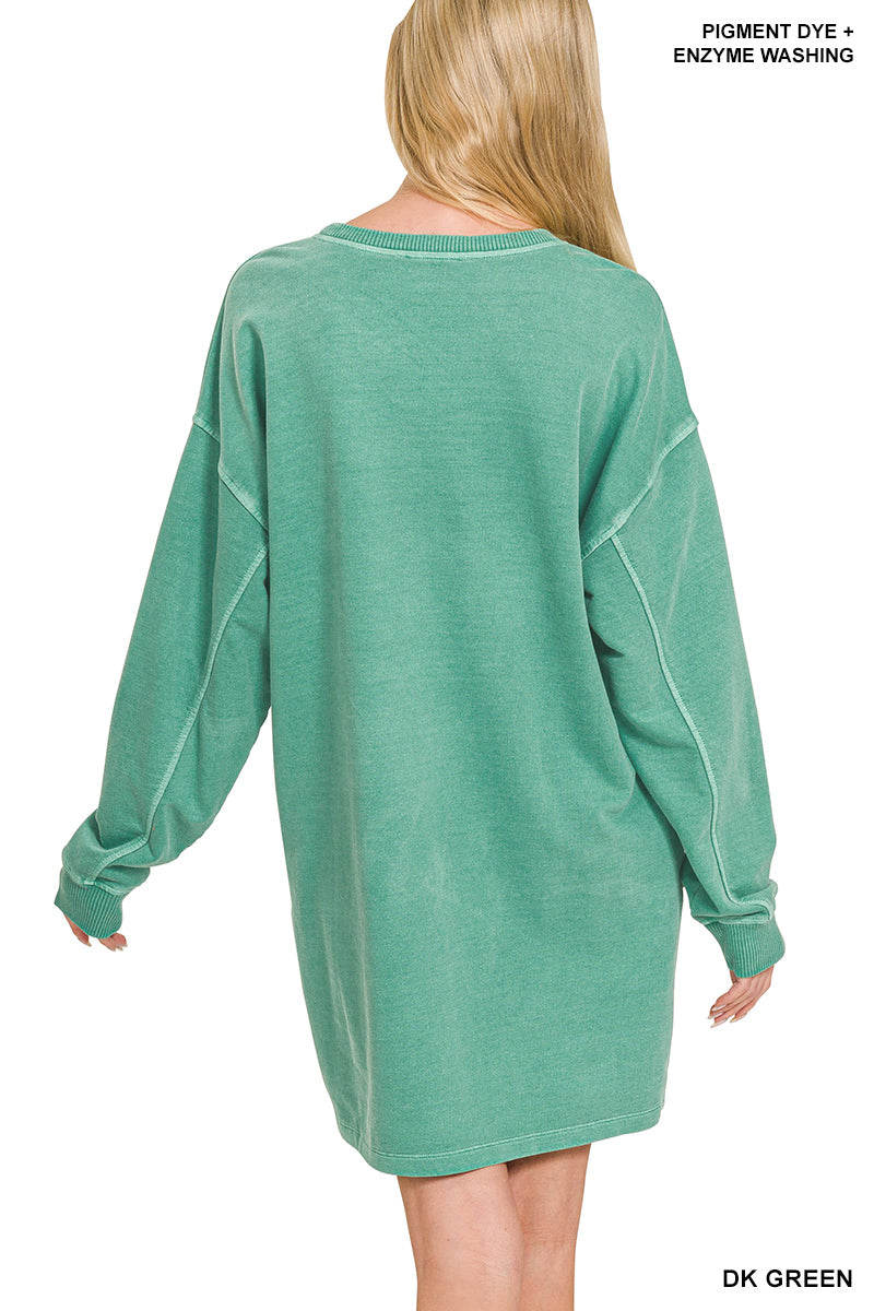 Green Oversized Pigment Dyed Long Sleeve Dress