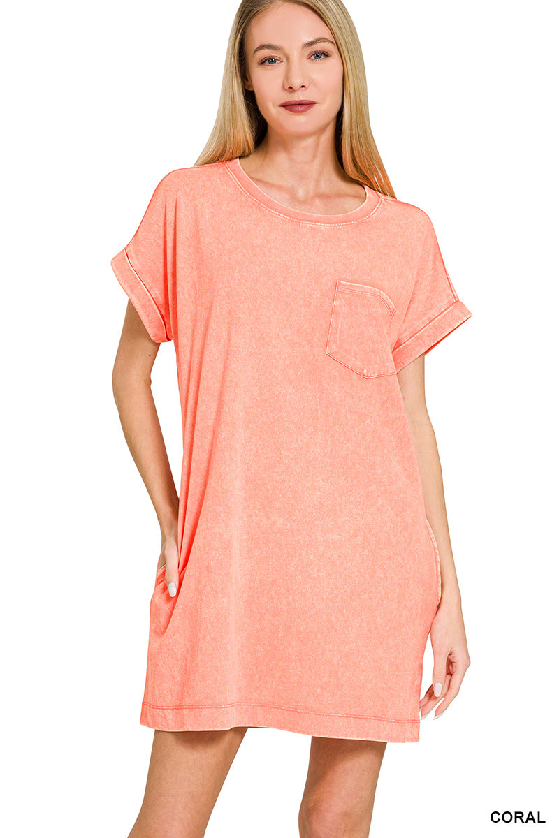 Coral premium cotton acid washed t-shirts dress