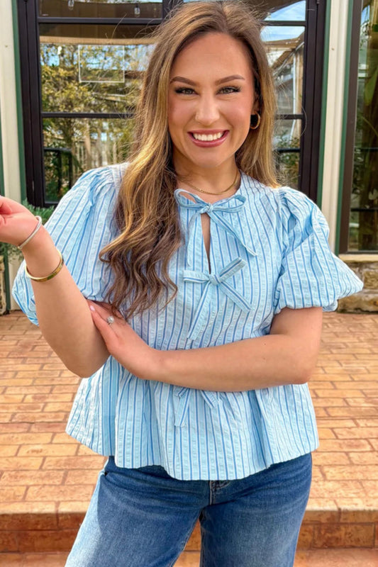 Sky Blue Babydoll Top with Ties & Puff Sleeves