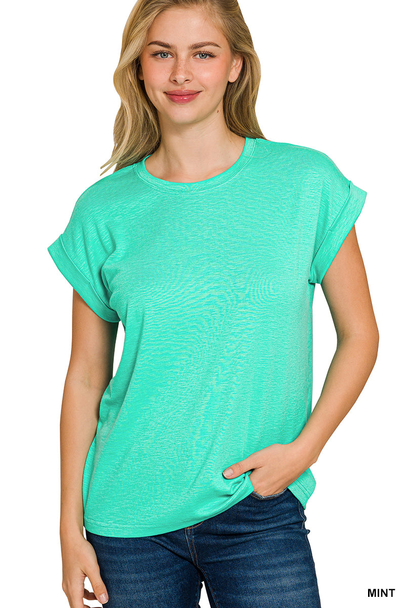 Mint Green Cotton/Modal Slub Rolled Sleeve Tee