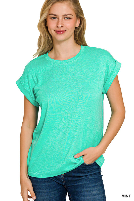 Mint Green Cotton/Modal Slub Rolled Sleeve Tee