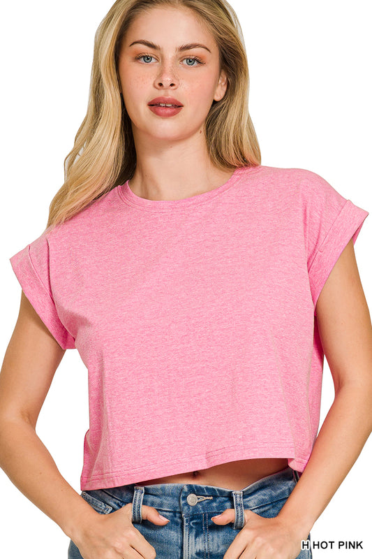 Heather Pink Cotton Folded Sleeve Cropped Top