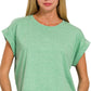 Heather Green Cotton Folded Sleeve Cropped Top