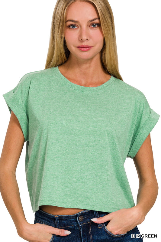 Heather Green Cotton Folded Sleeve Cropped Top