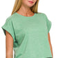 Heather Green Cotton Folded Sleeve Cropped Top