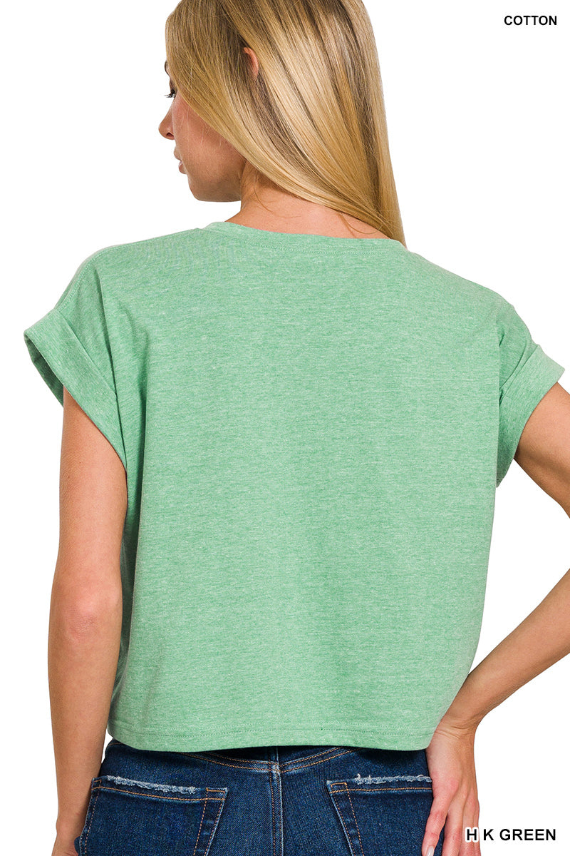 Heather Green Cotton Folded Sleeve Cropped Top