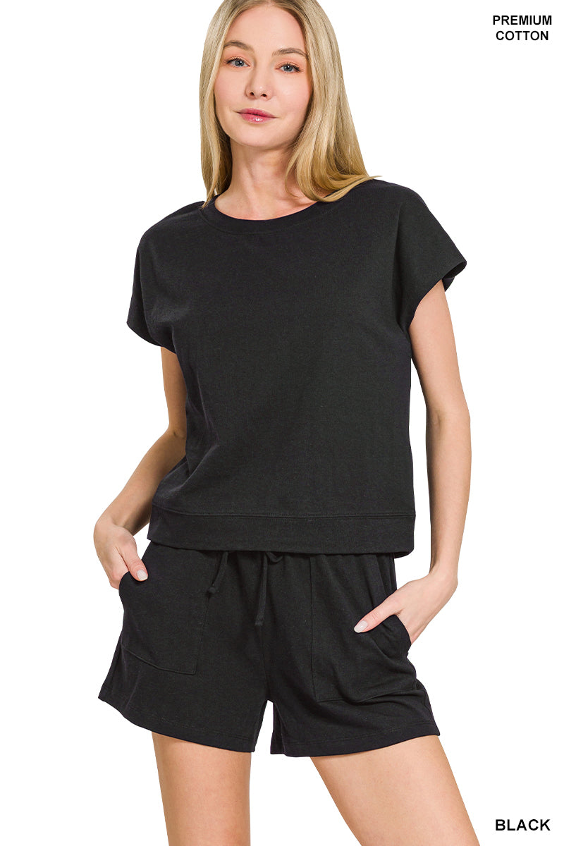 Black Cotton Short Sleeve Top & Shorts Set