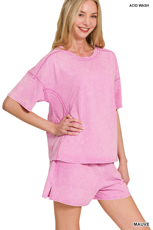 Mauve Acid Washed Short Sleeve Tee & Shorts Set