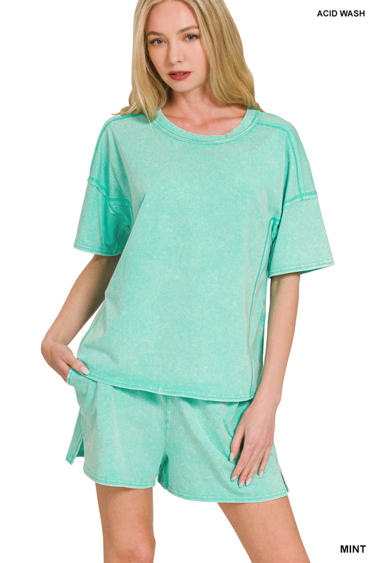 Mint Acid Washed Short Sleeve Tee & Shorts Set