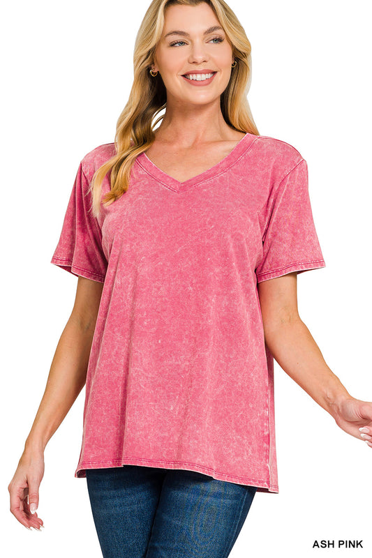 Ash Pink Washed Short Sleeve V-Neck Top