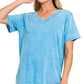Deep Sky Washed Short Sleeve V-Neck Top