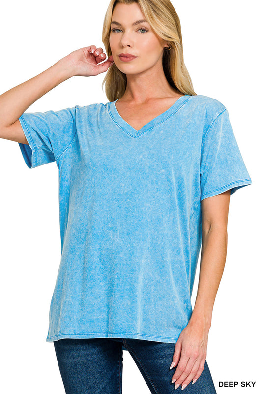 Deep Sky Washed Short Sleeve V-Neck Top