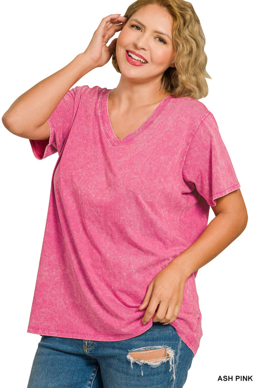 PLUS Ash Pink Washed Short Sleeve V-Neck Top