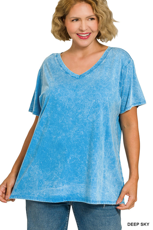 PLUS Deep Sky Washed Short Sleeve V-Neck Top