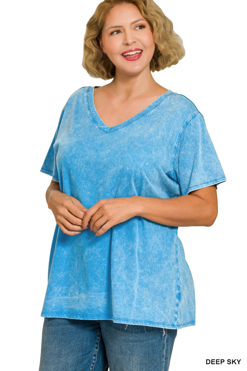 PLUS Deep Sky Washed Short Sleeve V-Neck Top