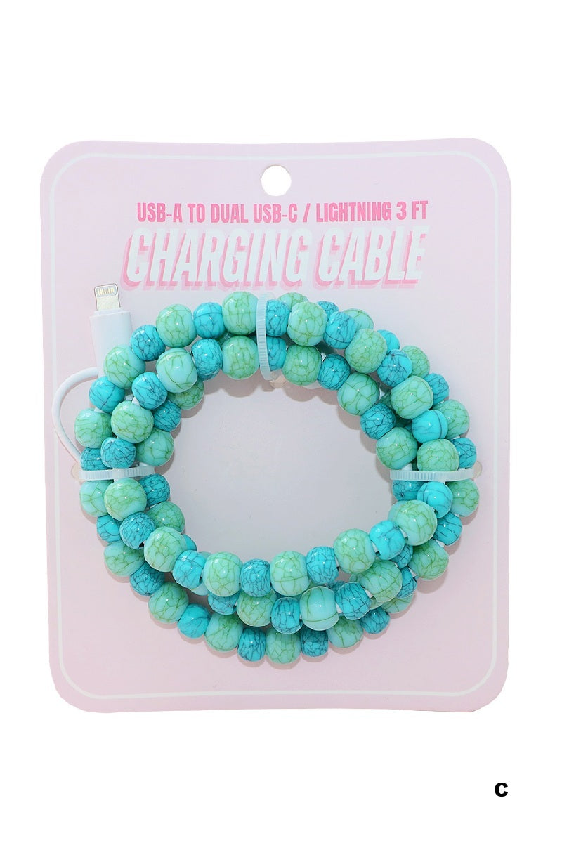 Turquoise beaded dual usb fast charging cable