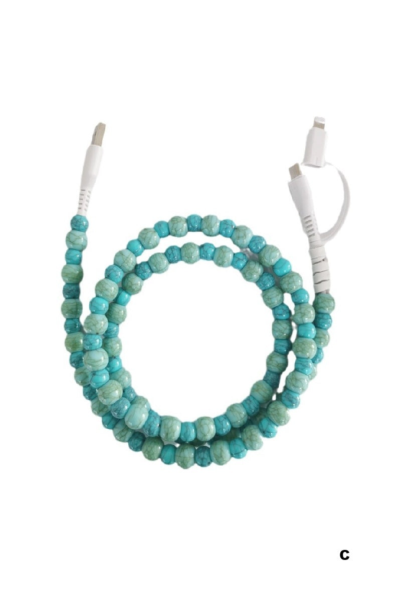 Turquoise beaded dual usb fast charging cable