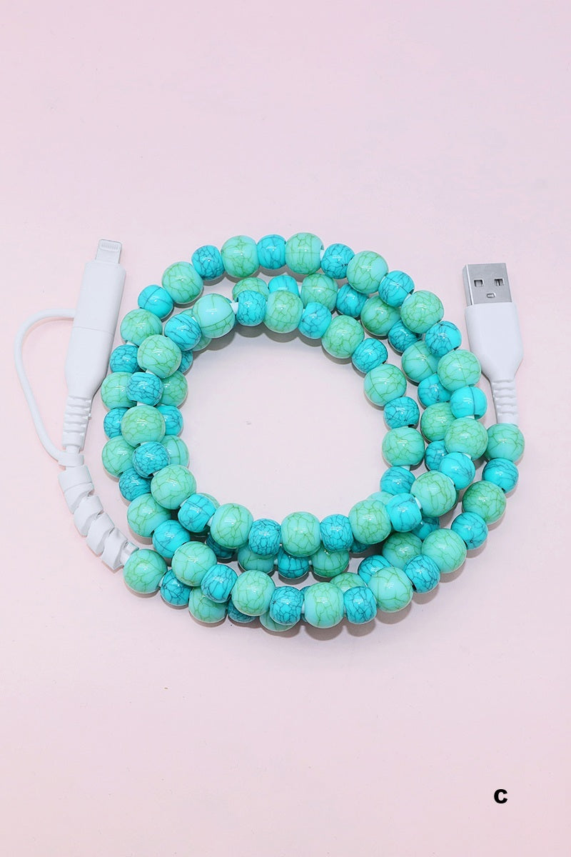 Turquoise beaded dual usb fast charging cable