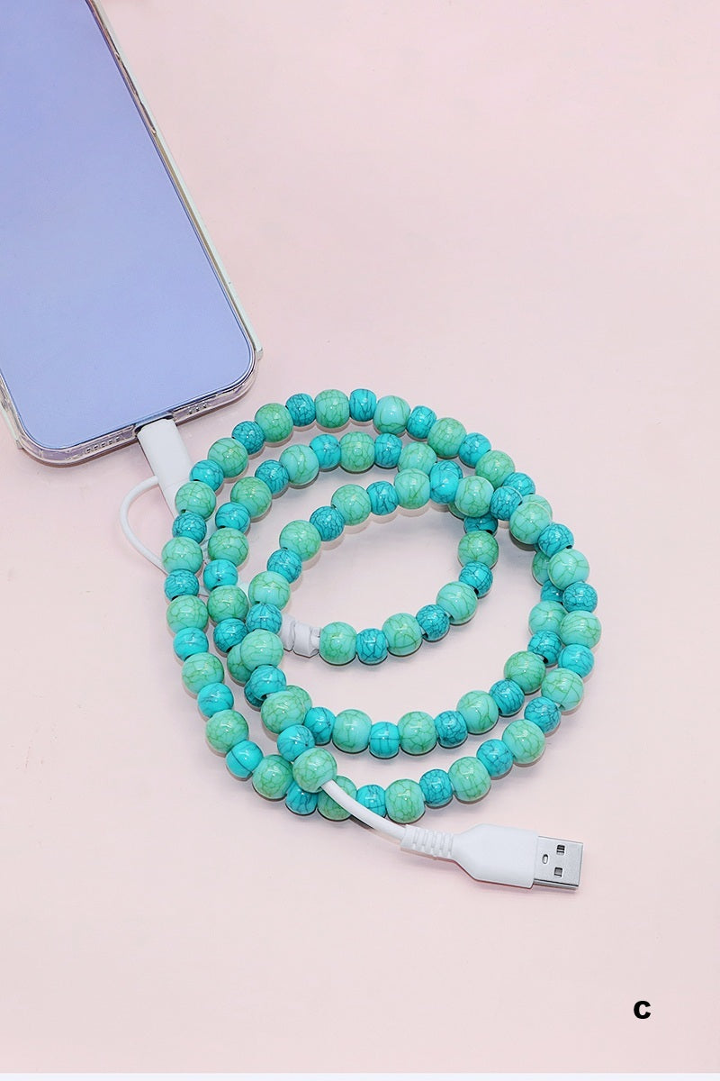 Turquoise beaded dual usb fast charging cable