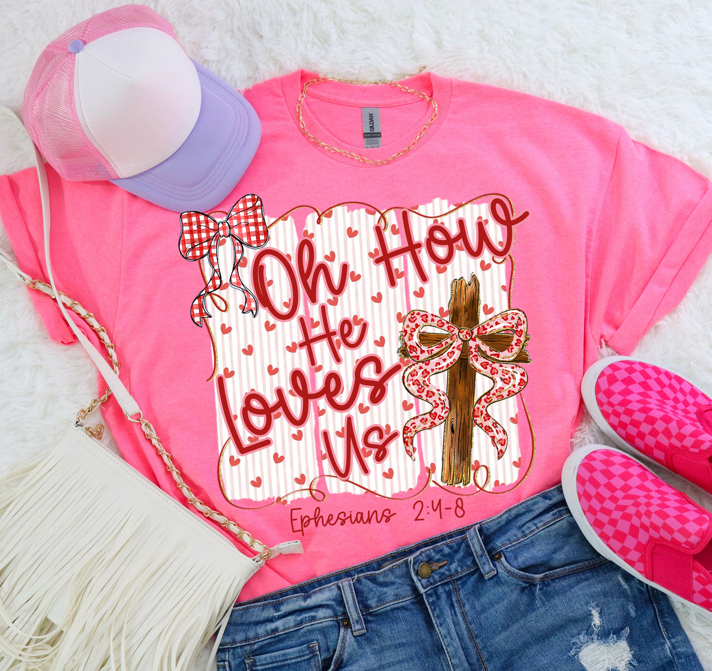 Bright Pink Oh How He Loves Us Valentine Graphic Tee