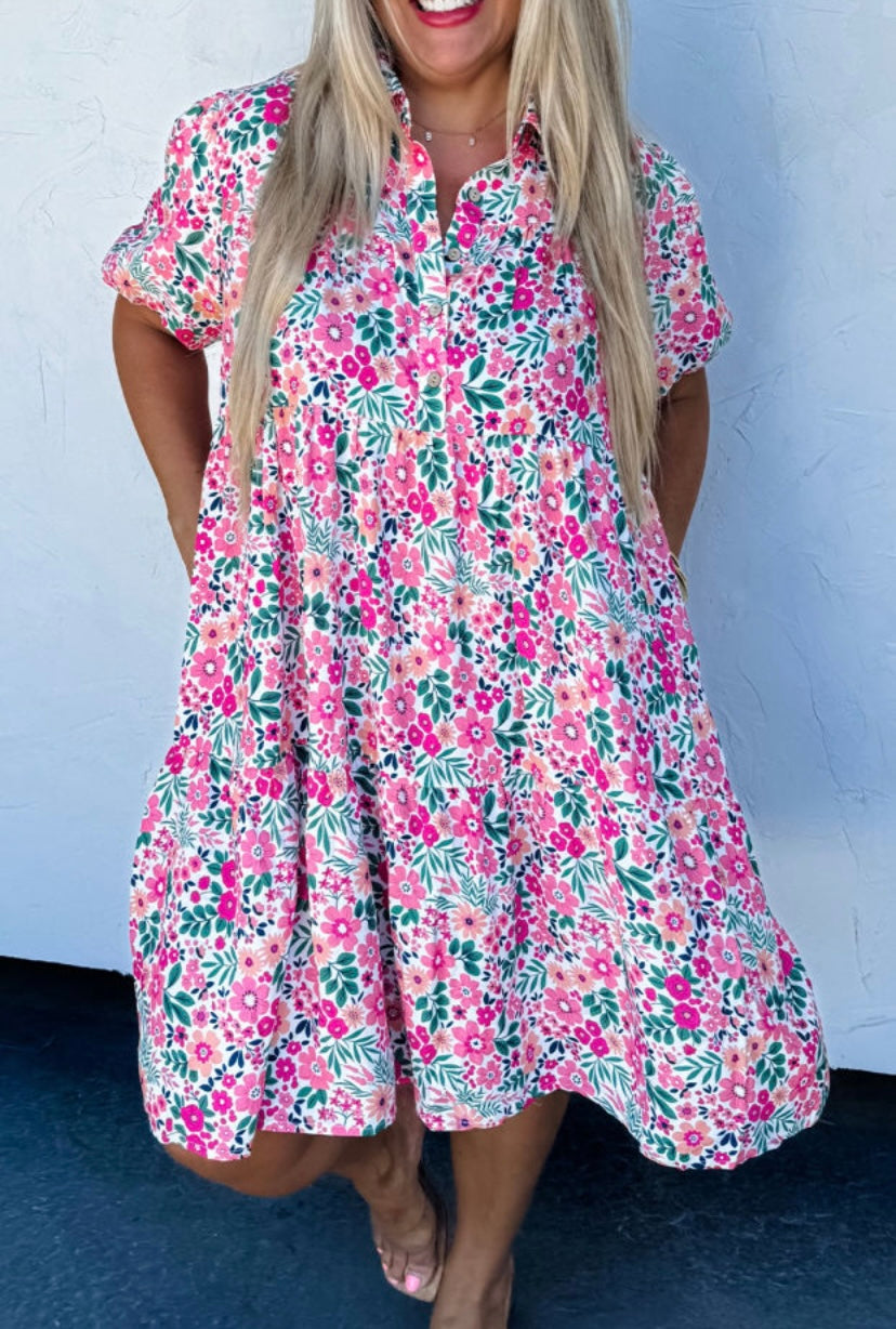 Pink Floral Half Button Dress - Plus Size