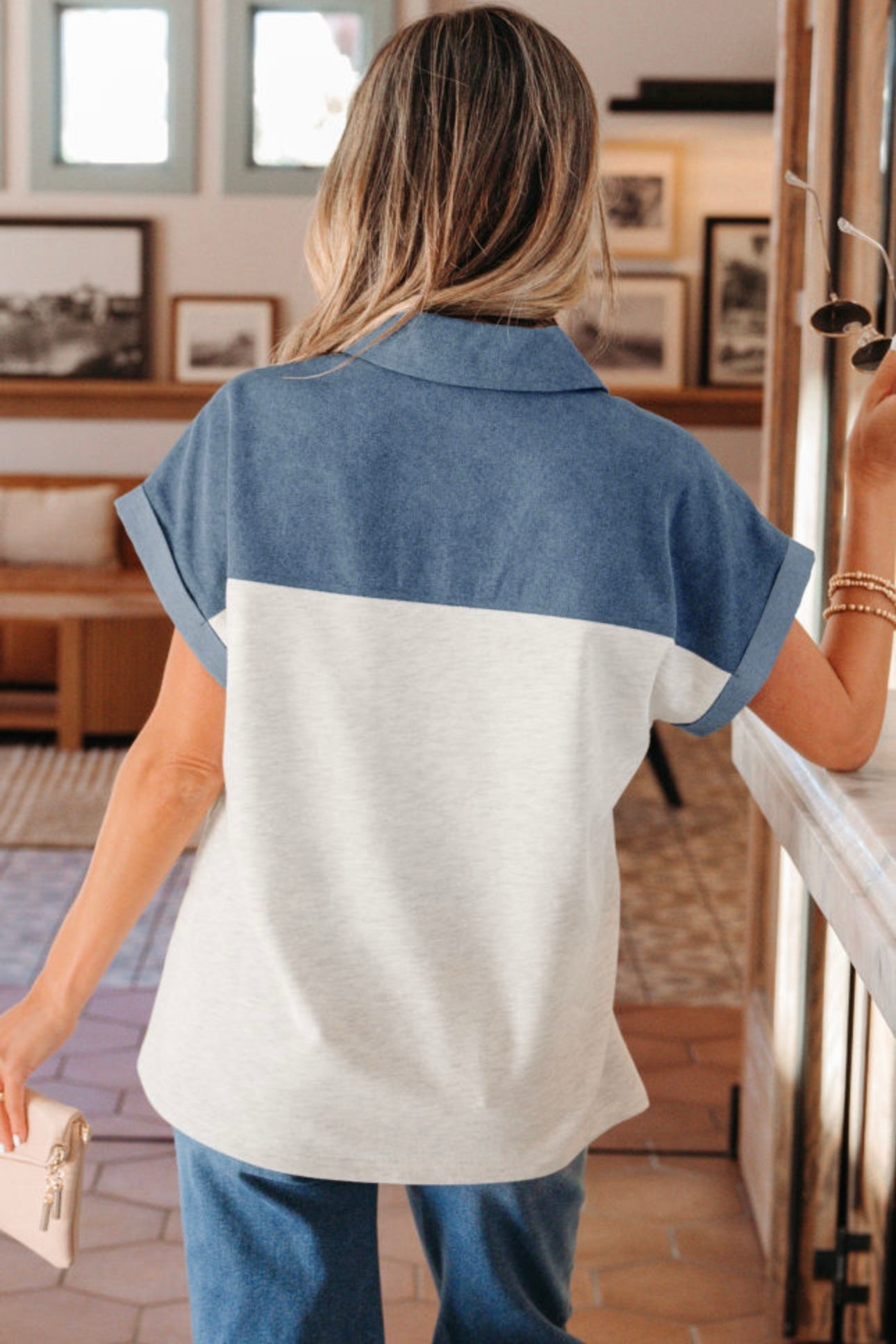 Denim & Light Gray Color Block Button Up Top