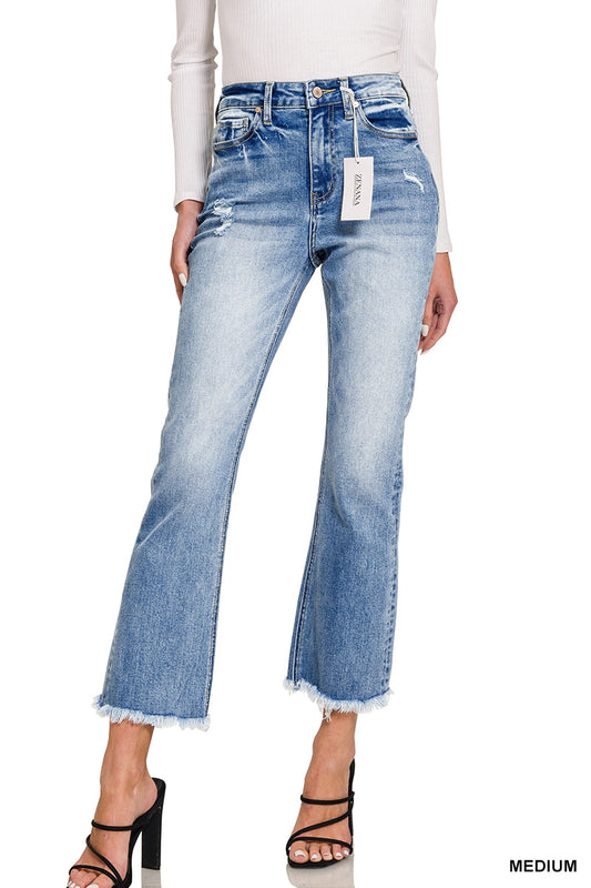 Zenana High rise straight raw hem cropped denim pants