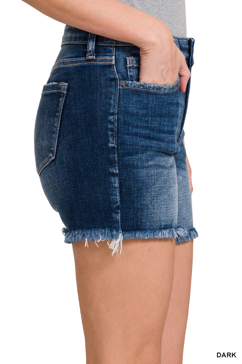 PLUS Zenana Mid Rise Raw Frayed Hem Denim Shorts
