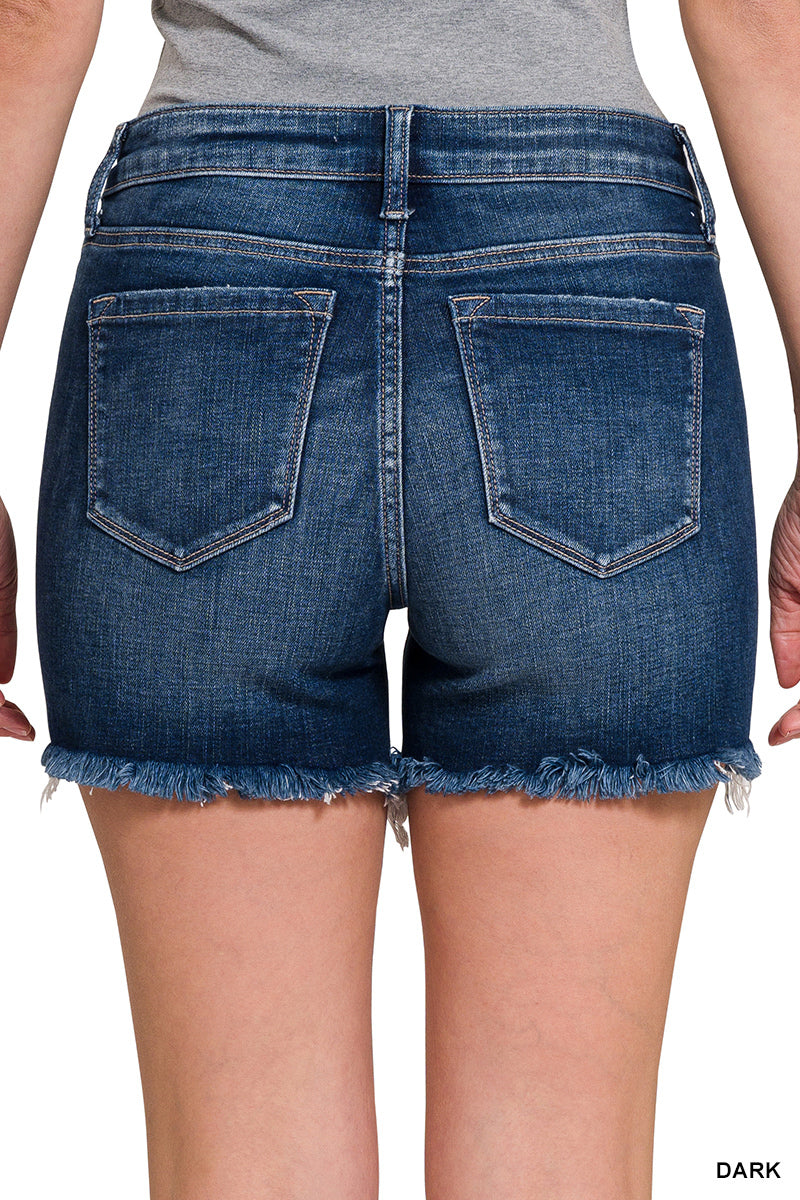 PLUS Zenana Mid Rise Raw Frayed Hem Denim Shorts