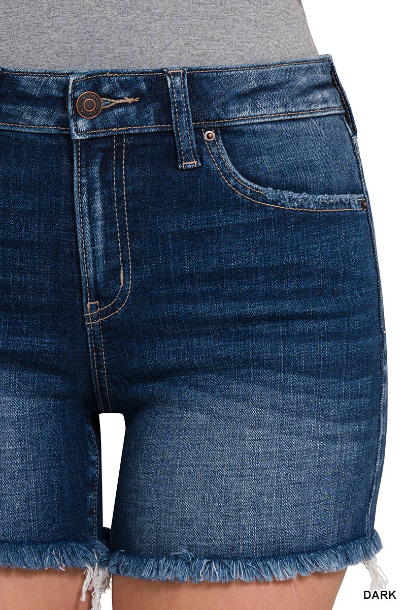 PLUS Zenana Mid Rise Raw Frayed Hem Denim Shorts