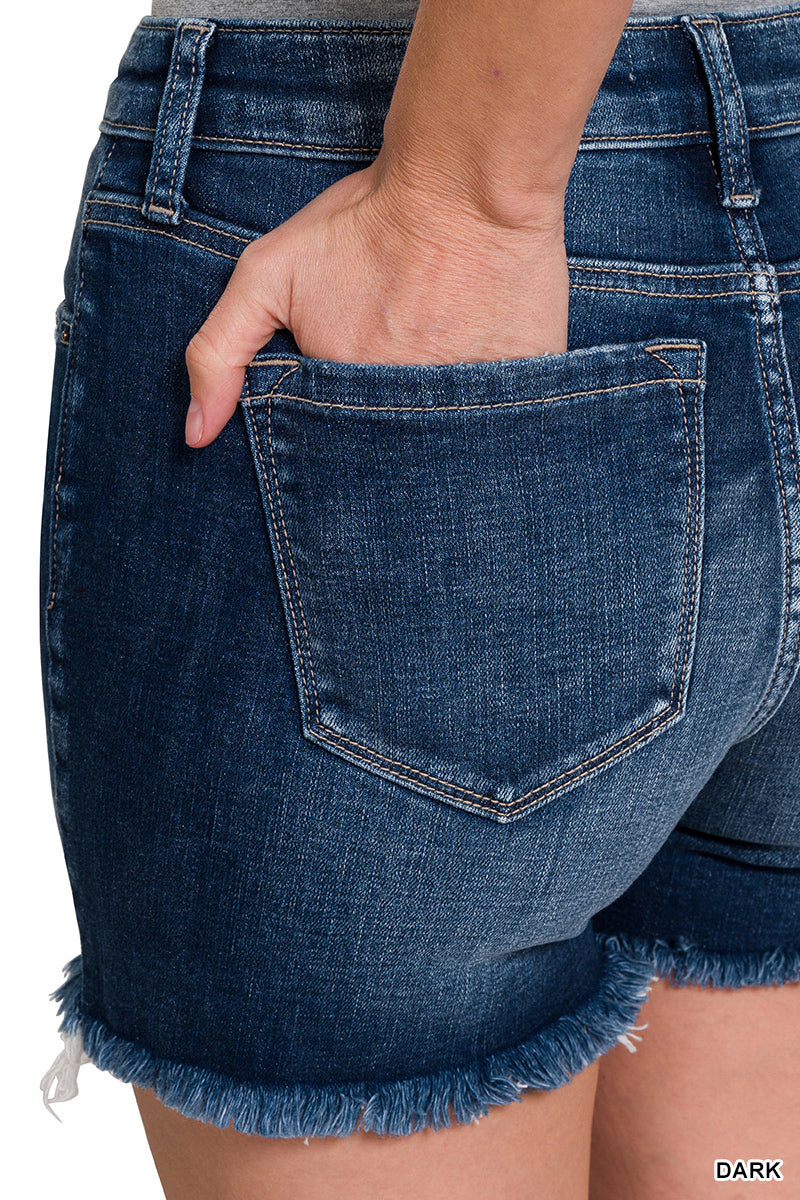 PLUS Zenana Mid Rise Raw Frayed Hem Denim Shorts