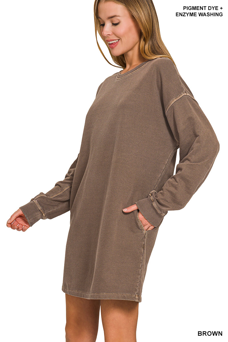 Brown Oversized Pigment Dyed Long Sleeve Dress