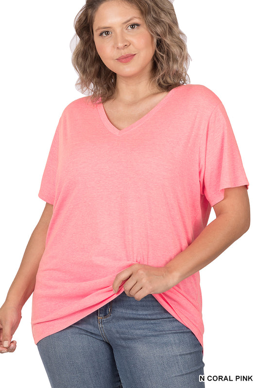 Coral Pink Plus Boyfriend V-Neck Tee