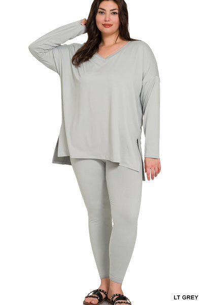 Gray Microfiber Leggings Set with Long Sleeve Top