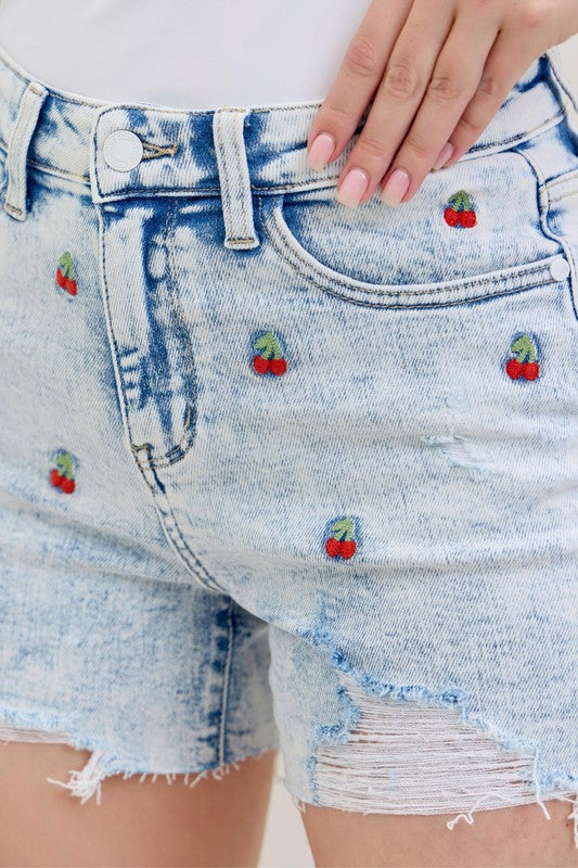 Hi-Waist Cherry Embroidered Judy Blue Shorts
