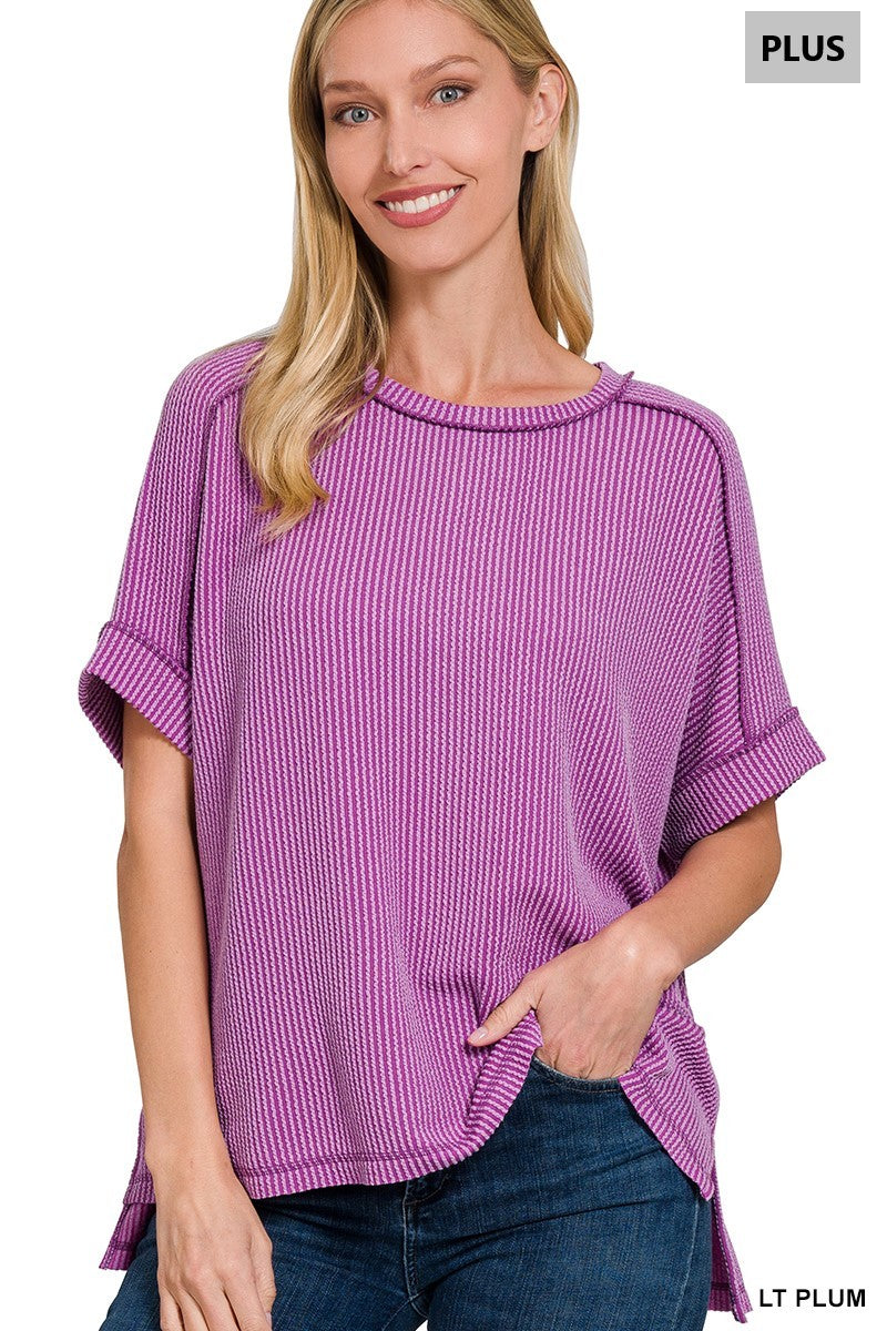 Lt Plum Plus Ribbed Cuff Sleeve Top