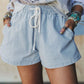 Blue Striped Elastic Waist Denim Shorts
