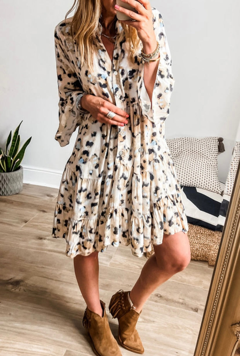 Khaki Leopard Print 3/4 Sleeve Tiered Ruffled Hem Dress