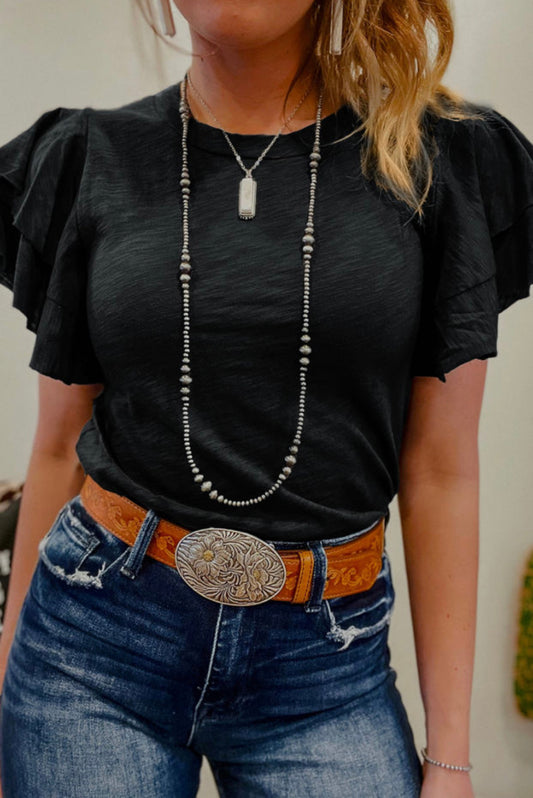 Black Ruffle Sleeve Top