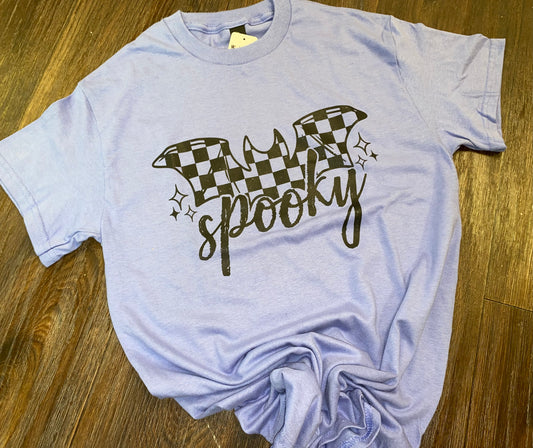 Checkered Bat Spooky Print Violet Graphic Tee