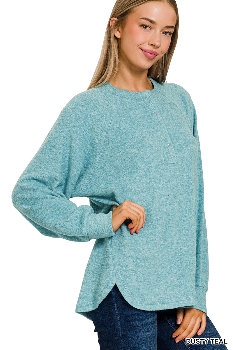 Dusty Teal Soft Oversized Button Henley Long Sleeve Top