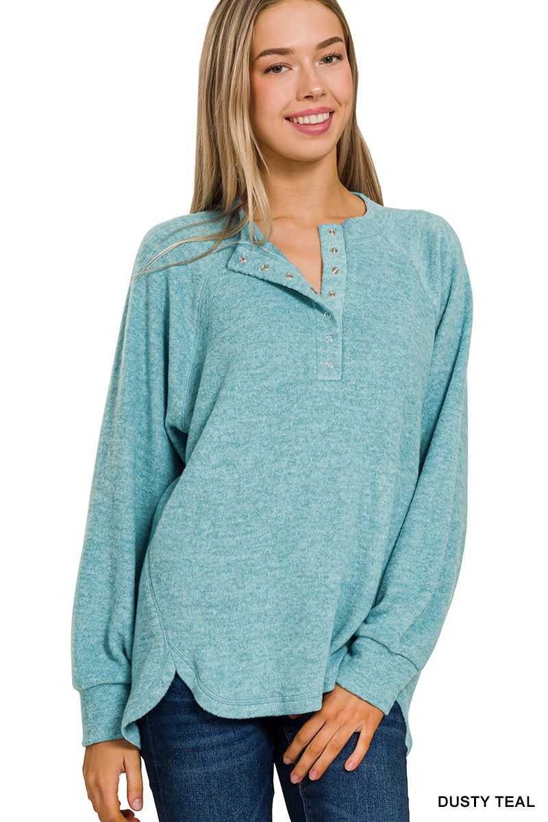 Dusty Teal Soft Oversized Button Henley Long Sleeve Top