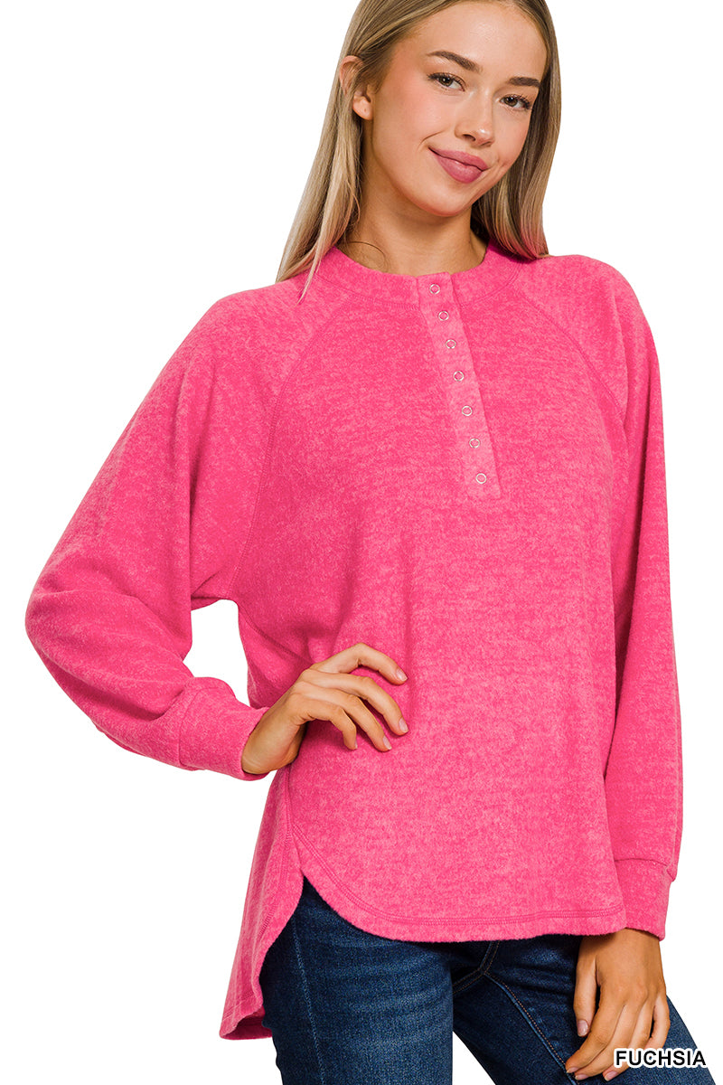 Fuchsia Soft Oversized Button Henley Long Sleeve Top