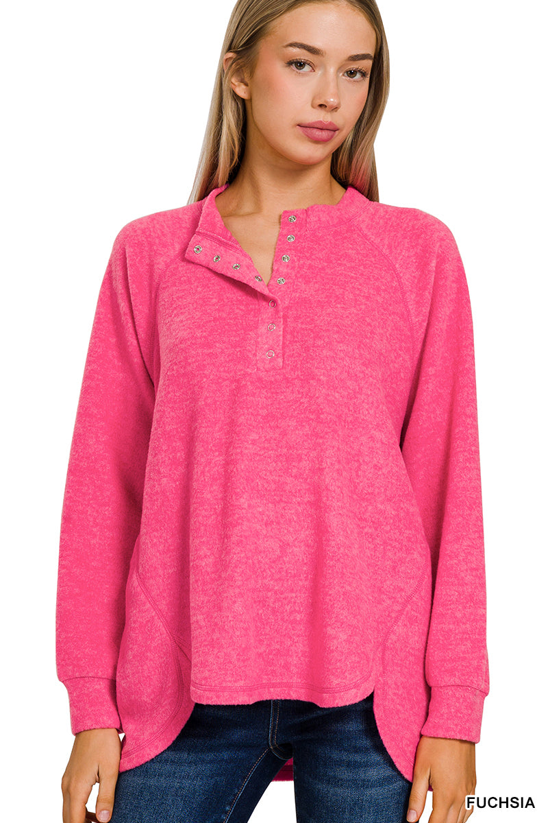 Fuchsia Soft Oversized Button Henley Long Sleeve Top
