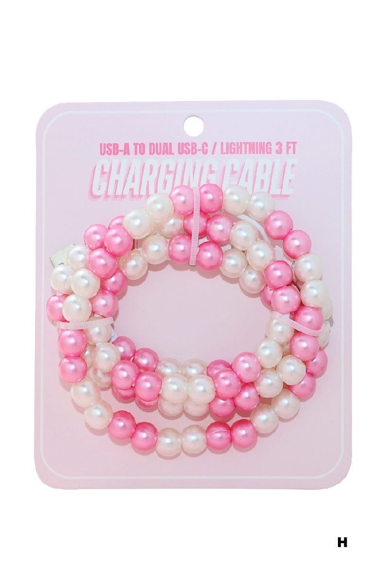 Pink/White Pearl beaded dual usb fast charging cable