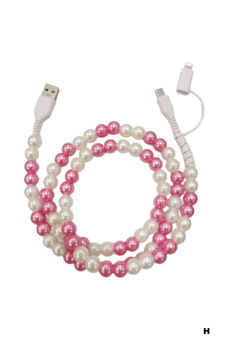 Pink/White Pearl beaded dual usb fast charging cable
