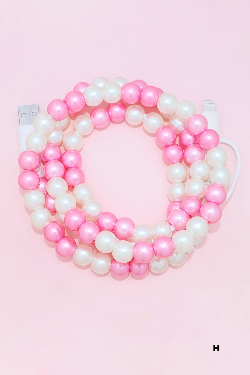 Pink/White Pearl beaded dual usb fast charging cable