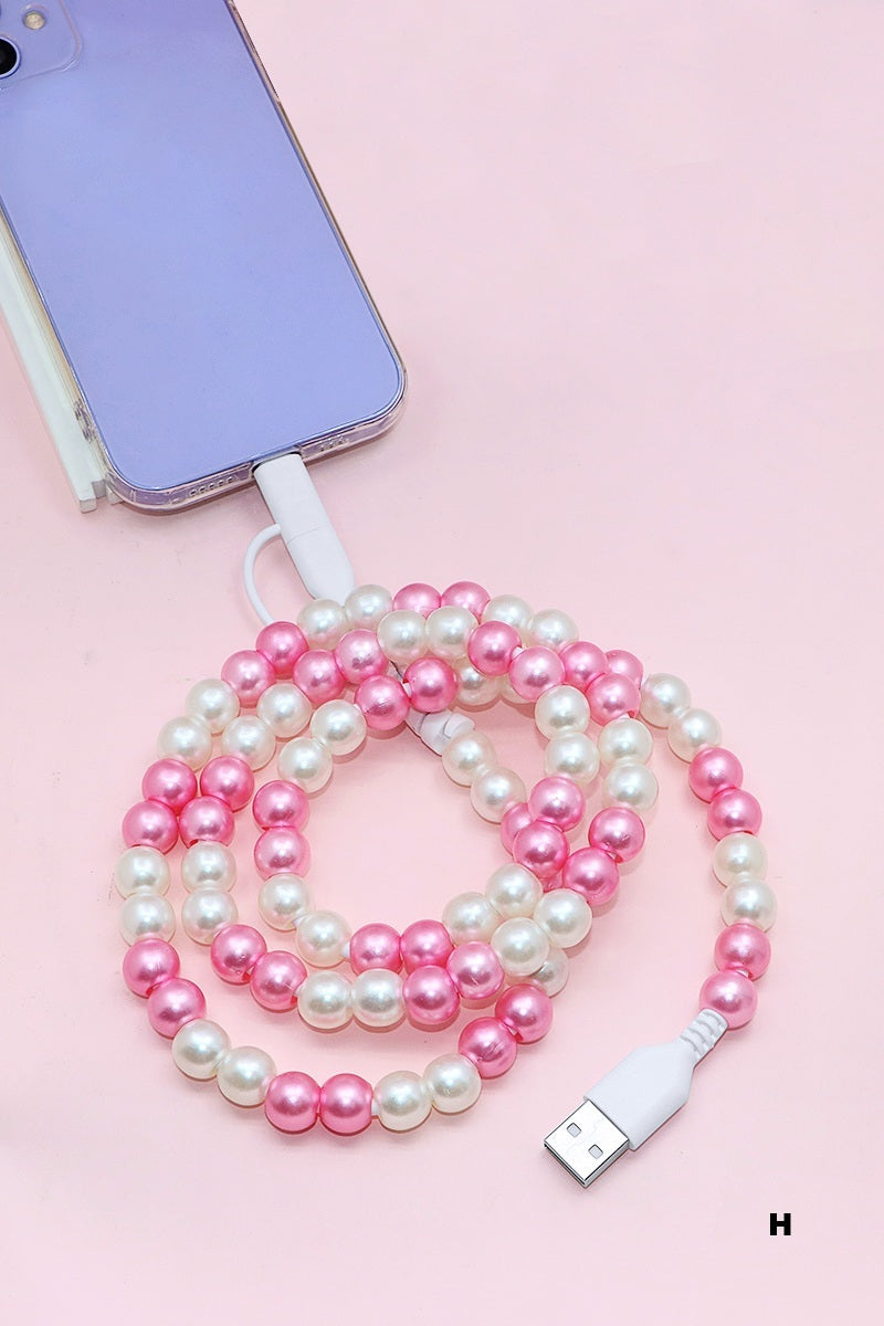 Pink/White Pearl beaded dual usb fast charging cable