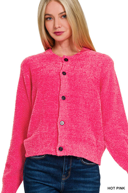 Hot Pink Button Up Sweater Cardigan